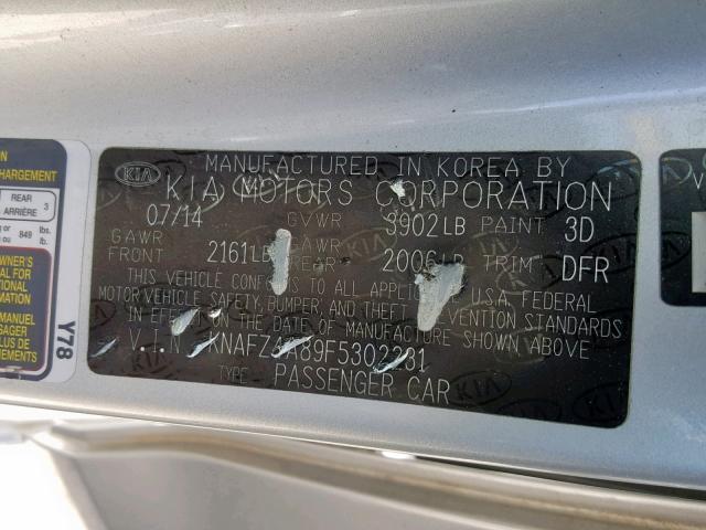 KNAFZ4A89F5302231 - 2015 KIA FORTE EX SILVER photo 10