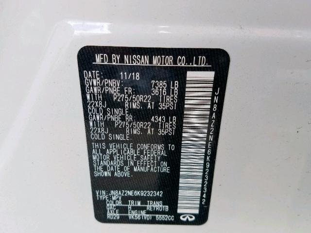 JN8AZ2NE6K9232342 - 2019 INFINITI QX80 LUXE WHITE photo 10