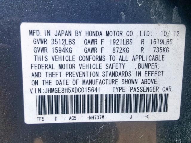 JHMGE8H5XDC015641 - 2013 HONDA FIT SPORT GRAY photo 10