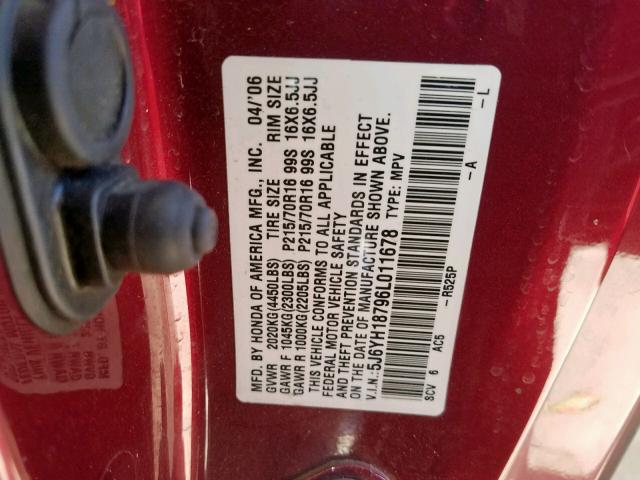 5J6YH18796L011678 - 2006 HONDA ELEMENT EX RED photo 10