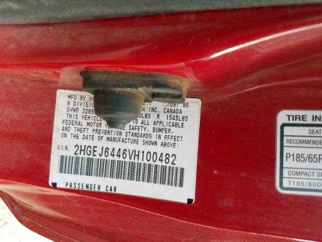 2HGEJ6446VH100482 - 1997 HONDA CIVIC DX RED photo 10