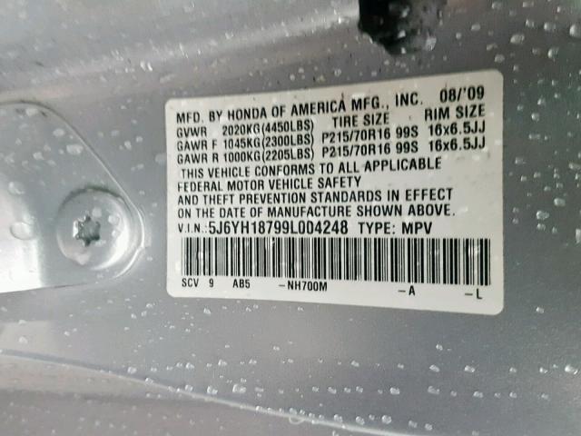 5J6YH18799L004248 - 2009 HONDA ELEMENT EX SILVER photo 10