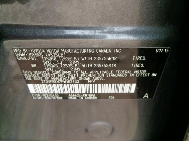 2T3YFREV7FW162433 - 2015 TOYOTA RAV4 LIMIT GRAY photo 10