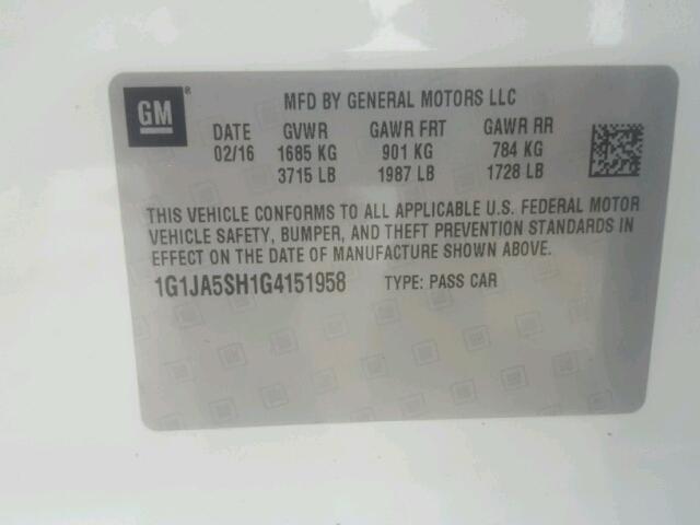 1G1JA5SH1G4151958 - 2016 CHEVROLET SONIC LS WHITE photo 10