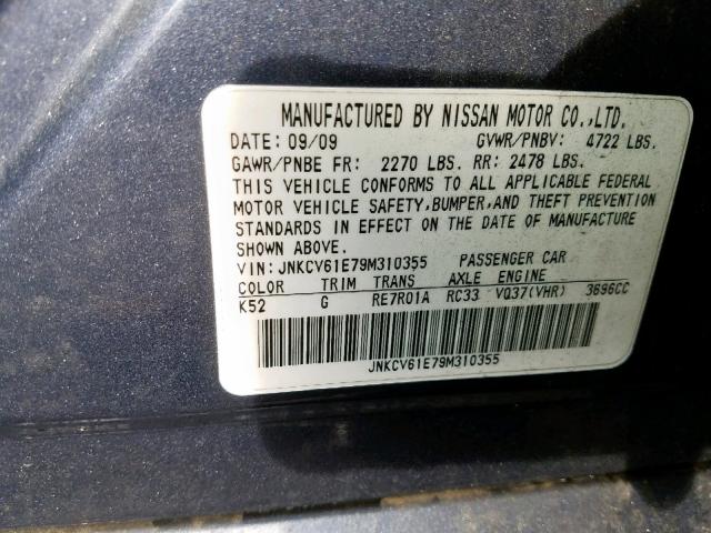 JNKCV61E79M310355 - 2009 INFINITI G37 BASE GRAY photo 10