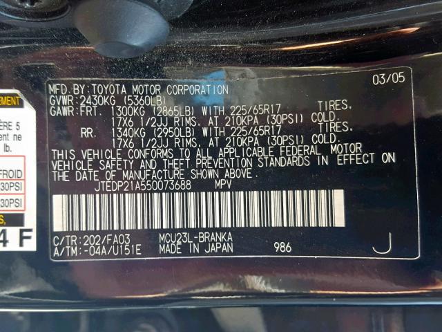 JTEDP21A550073688 - 2005 TOYOTA HIGHLANDER BLACK photo 10