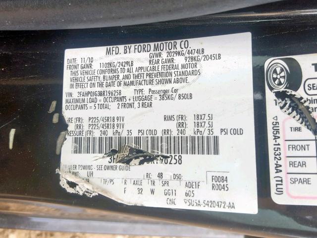 3FAHP0JG3BR196258 - 2011 FORD FUSION SEL BLACK photo 10