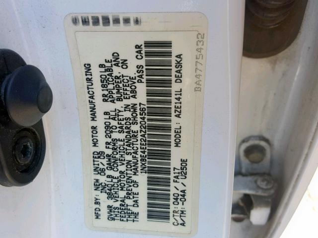 1NXBE4EE2AZ204567 - 2010 TOYOTA COROLLA XR WHITE photo 10