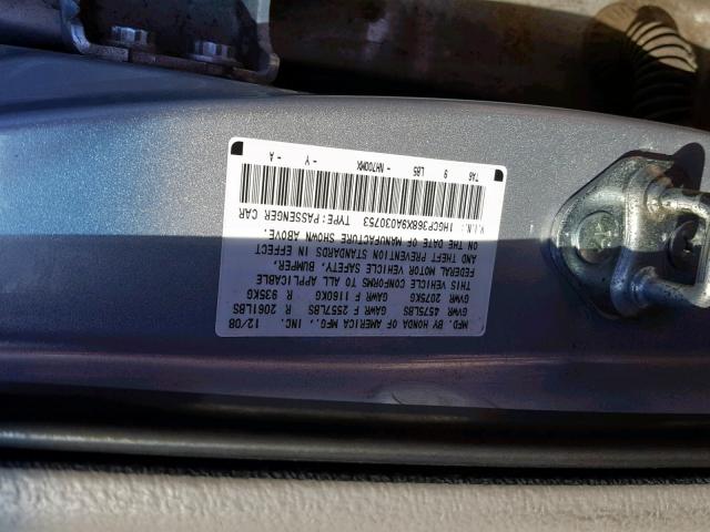 1HGCP368X9A030753 - 2009 HONDA ACCORD EXL GRAY photo 10