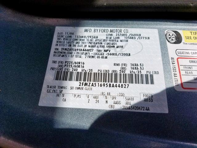 2FMZA51695BA44827 - 2005 FORD FREESTAR S BLUE photo 10