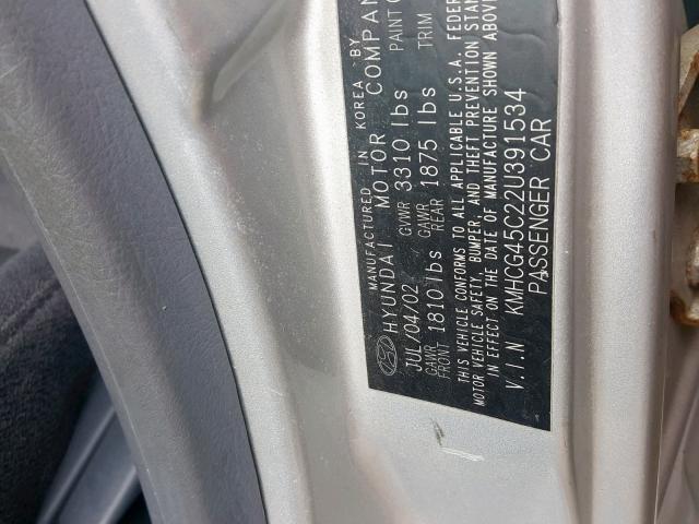 KMHCG45C22U391534 - 2002 HYUNDAI ACCENT GL SILVER photo 10