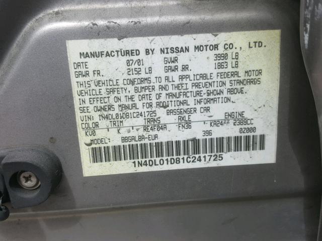 1N4DL01D81C241725 - 2001 NISSAN ALTIMA XE GRAY photo 10