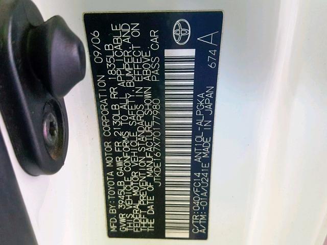 JTKDE167X70177980 - 2007 TOYOTA SCION TC თეთრი ფოტო 10