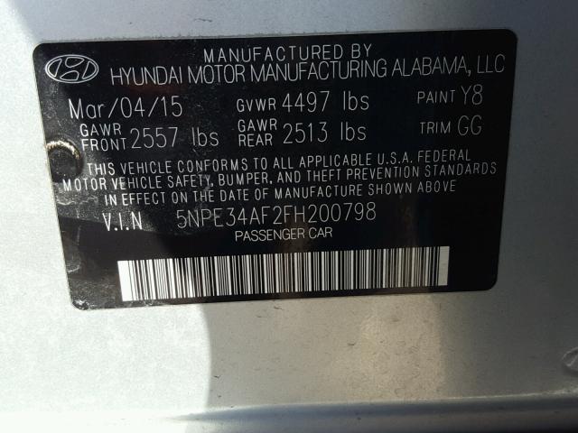 5NPE34AF2FH200798 - 2015 HYUNDAI SONATA SPO SILVER photo 10