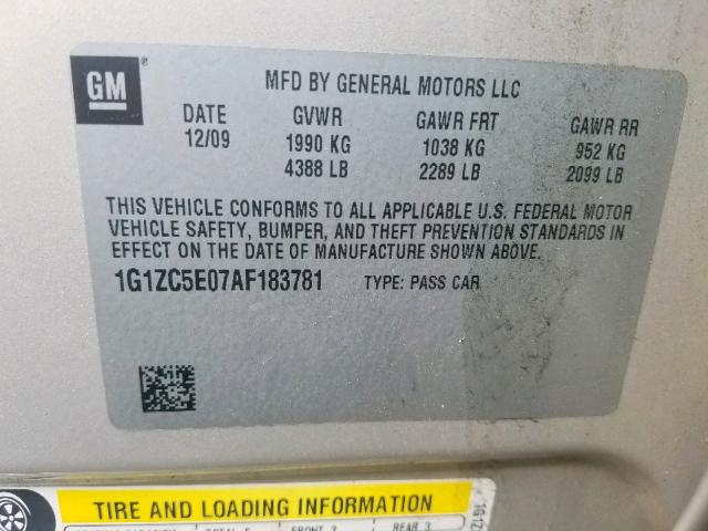 1G1ZC5E07AF183781 - 2010 CHEVROLET MALIBU 1LT TAN photo 10