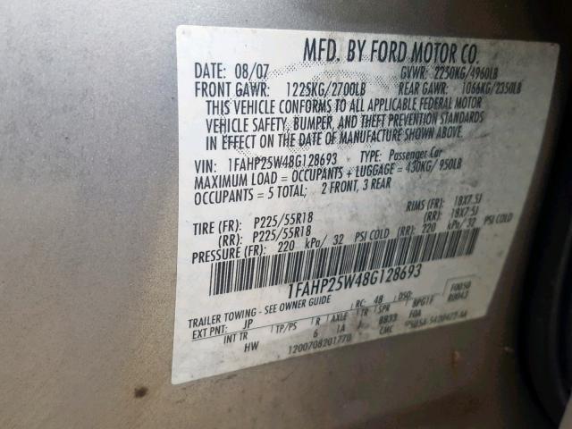 1FAHP25W48G128693 - 2008 FORD TAURUS LIM SILVER photo 10