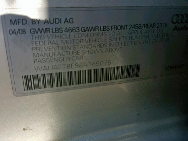 WAUAF78E98A169075 - 2008 AUDI A4 2.0T SILVER photo 10