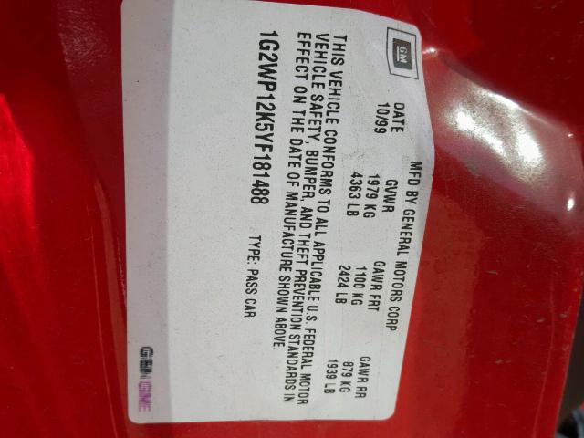 1G2WP12K5YF181488 - 2000 PONTIAC GRAND PRIX RED photo 10