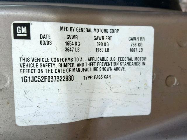 1G1JC52F037322880 - 2003 CHEVROLET CAVALIER TAN photo 10