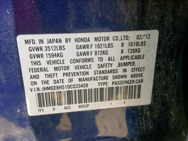 JHMGE8H51DC033459 - 2013 HONDA FIT SPORT BLUE photo 10