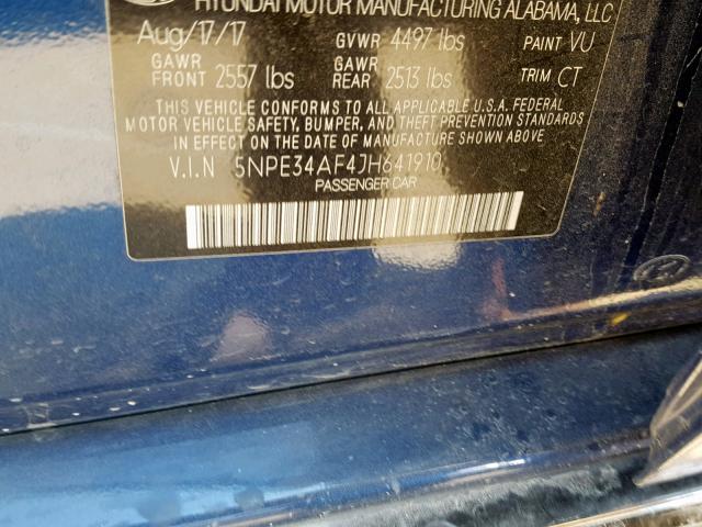 5NPE34AF4JH641910 - 2018 HYUNDAI SONATA SPO BLUE photo 10