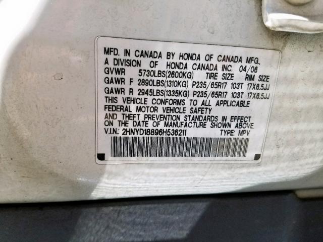 2HNYD18896H536211 - 2006 ACURA MDX TOURIN WHITE photo 10