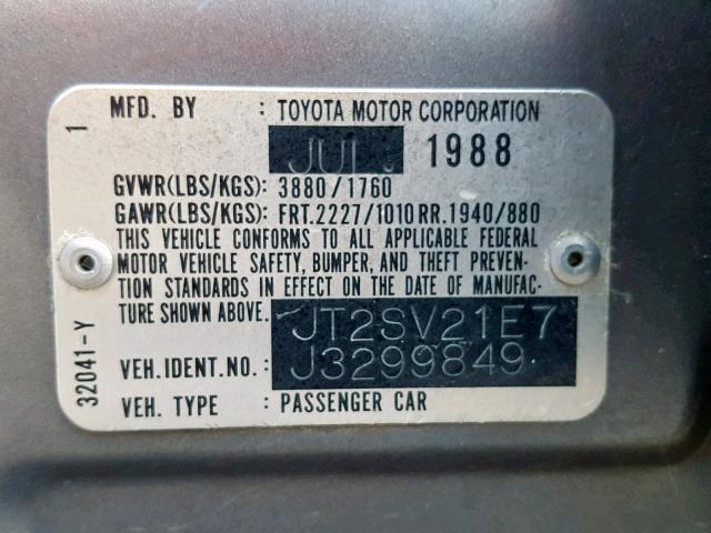 JT2SV21E7J3299849 - 1988 TOYOTA CAMRY DLX 灰色 照片 10