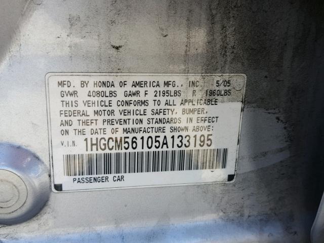 1HGCM56105A133195 - 2005 HONDA ACCORD DX SILVER photo 10