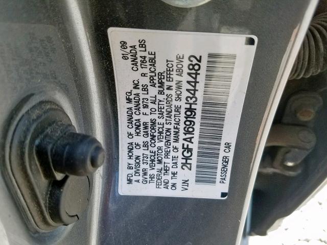 2HGFA16919H344482 - 2009 HONDA CIVIC EXL 灰色 照片 10