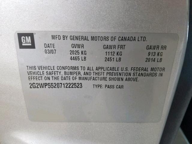 2G2WP552071222523 - 2007 PONTIAC GRAND PRIX GRAY photo 10