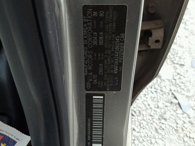 KNAFU4A24A5860345 - 2010 KIA FORTE EX GRAY photo 10