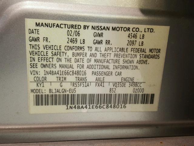 1N4BA41E66C848016 - 2006 NISSAN MAXIMA SE SILVER photo 10