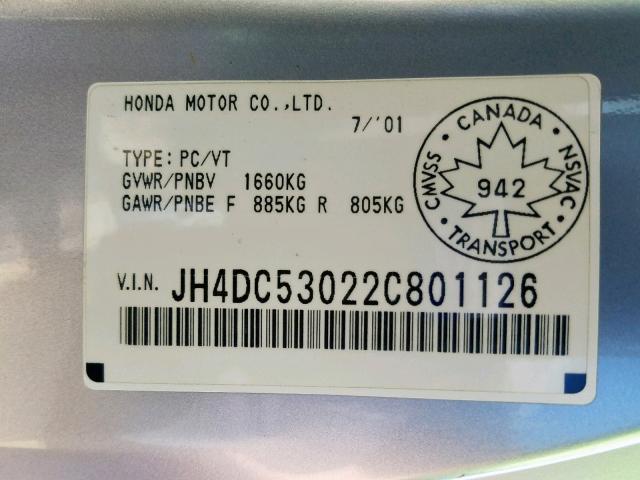 JH4DC53022C801126 - 2002 ACURA RSX TYPE-S SILVER photo 10
