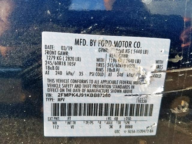 2FMPK4J91KBB87260 - 2019 FORD EDGE SEL BLUE photo 10