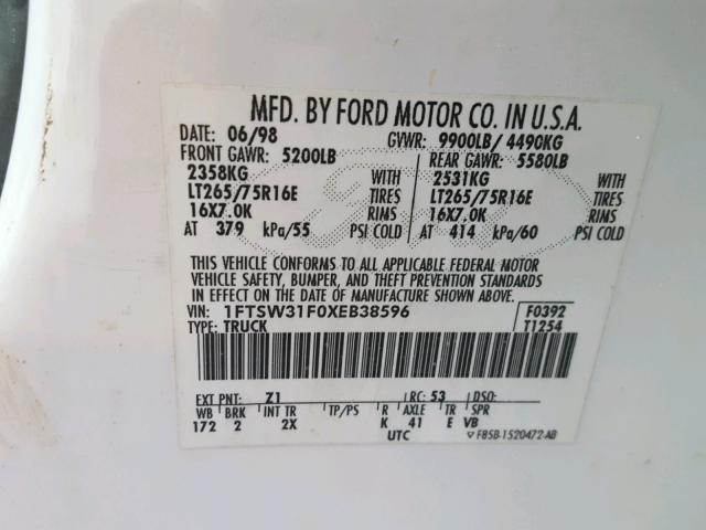 1FTSW31F0XEB38596 - 1999 FORD F350 SRW S WHITE photo 10