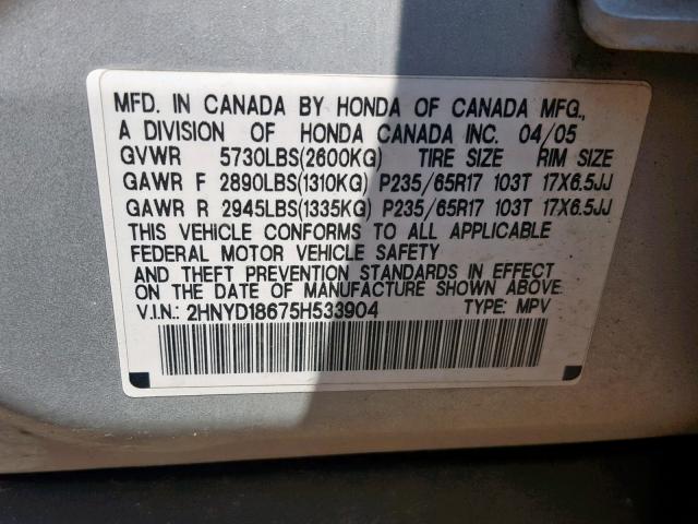 2HNYD18675H533904 - 2005 ACURA MDX TOURIN SILVER photo 10