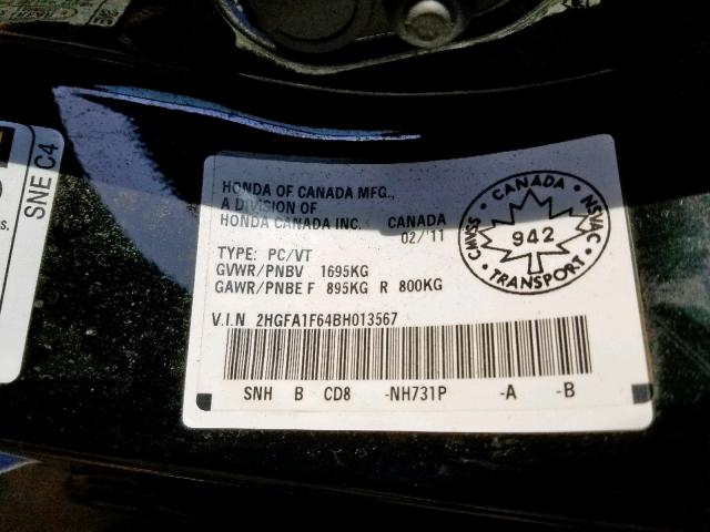 2HGFA1F64BH013567 - 2011 HONDA CIVIC LX-S أسود صورة 10