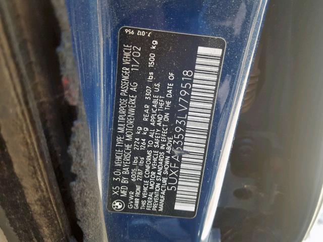 5UXFA53593LV79518 - 2003 BMW X5 3.0I BLUE photo 10