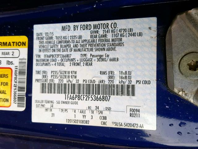 1FA6P8CF2F5366807 - 2015 FORD MUSTANG GT BLUE photo 10