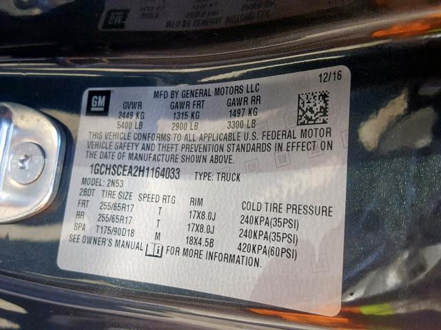 1GCHSCEA2H1164033 - 2017 CHEVROLET COLORADO L CHARCOAL photo 10