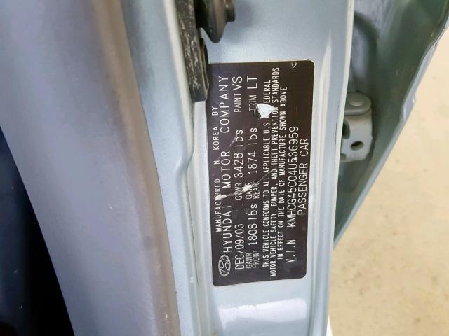 KMHCG45C04U536959 - 2004 HYUNDAI ACCENT GL BLUE photo 10