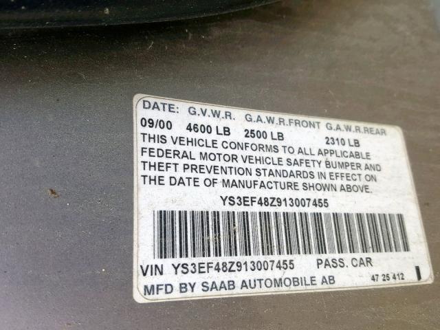 YS3EF48Z913007455 - 2001 SAAB 9-5 SE BEIGE photo 10