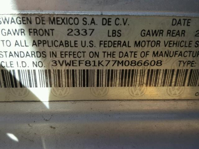 3VWEF81K77M086608 - 2007 VOLKSWAGEN JETTA WOLF SILVER photo 10