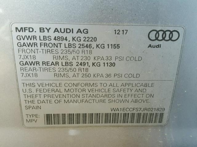 WA1ECCFS7JR021829 - 2018 AUDI Q3 PREMIUM SILVER photo 10