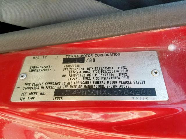 JT4RN50RXJ5184288 - 1988 TOYOTA PICKUP 1/2 RED photo 10