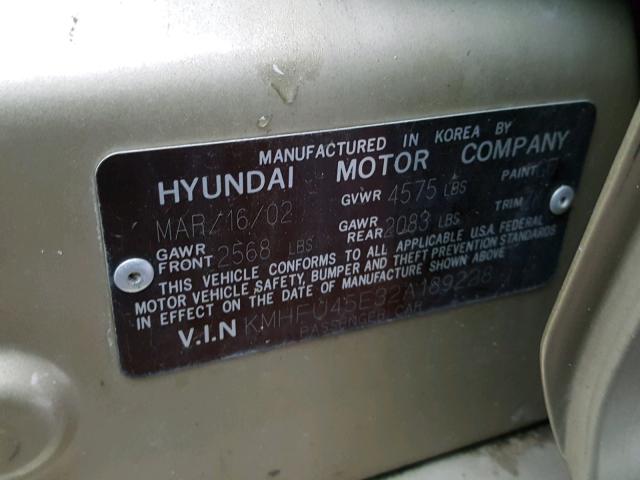 KMHFU45E32A189228 - 2002 HYUNDAI XG 350 GOLD photo 10