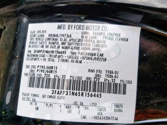 3FAFP31N65R156445 - 2005 FORD FOCUS ZX3 BLACK photo 10