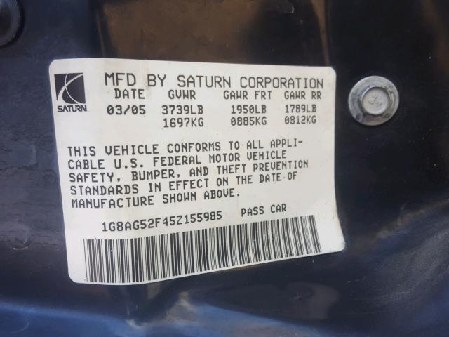 1G8AG52F45Z155985 - 2005 SATURN ION LEVEL BLACK photo 10