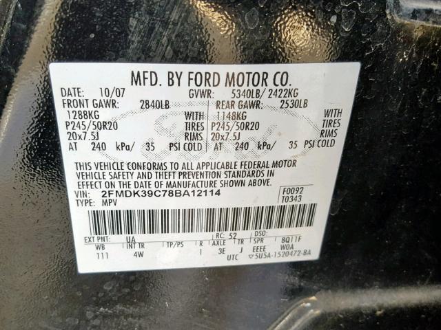 2FMDK39C78BA12114 - 2008 FORD EDGE LIMIT BLACK photo 10