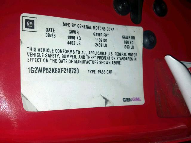 1G2WP52K8XF218720 - 1999 PONTIAC GRAND PRIX RED photo 10
